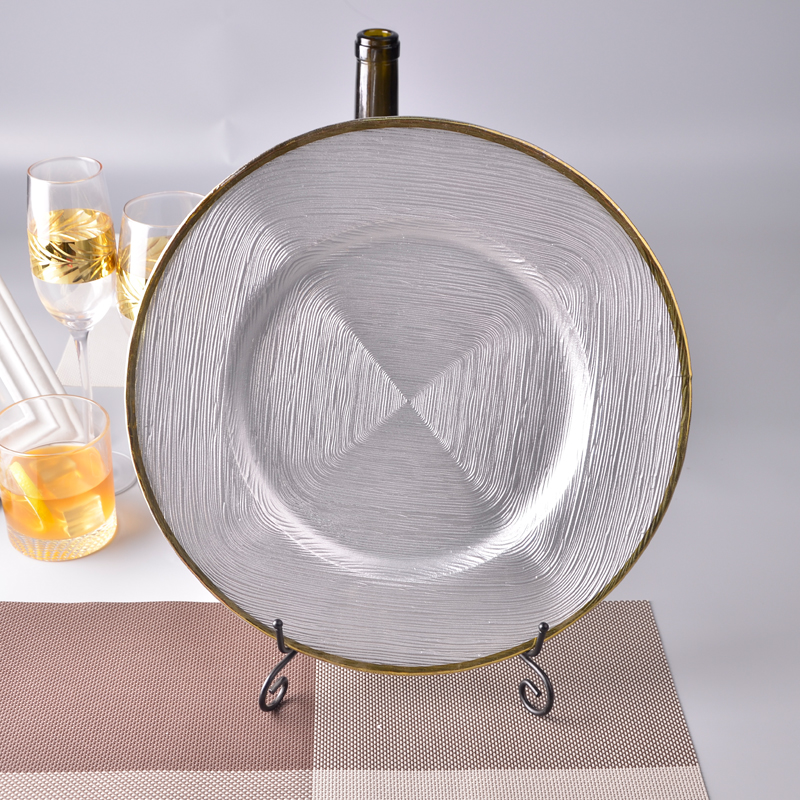 Unique grain, silver white glass charger plate with silver rim