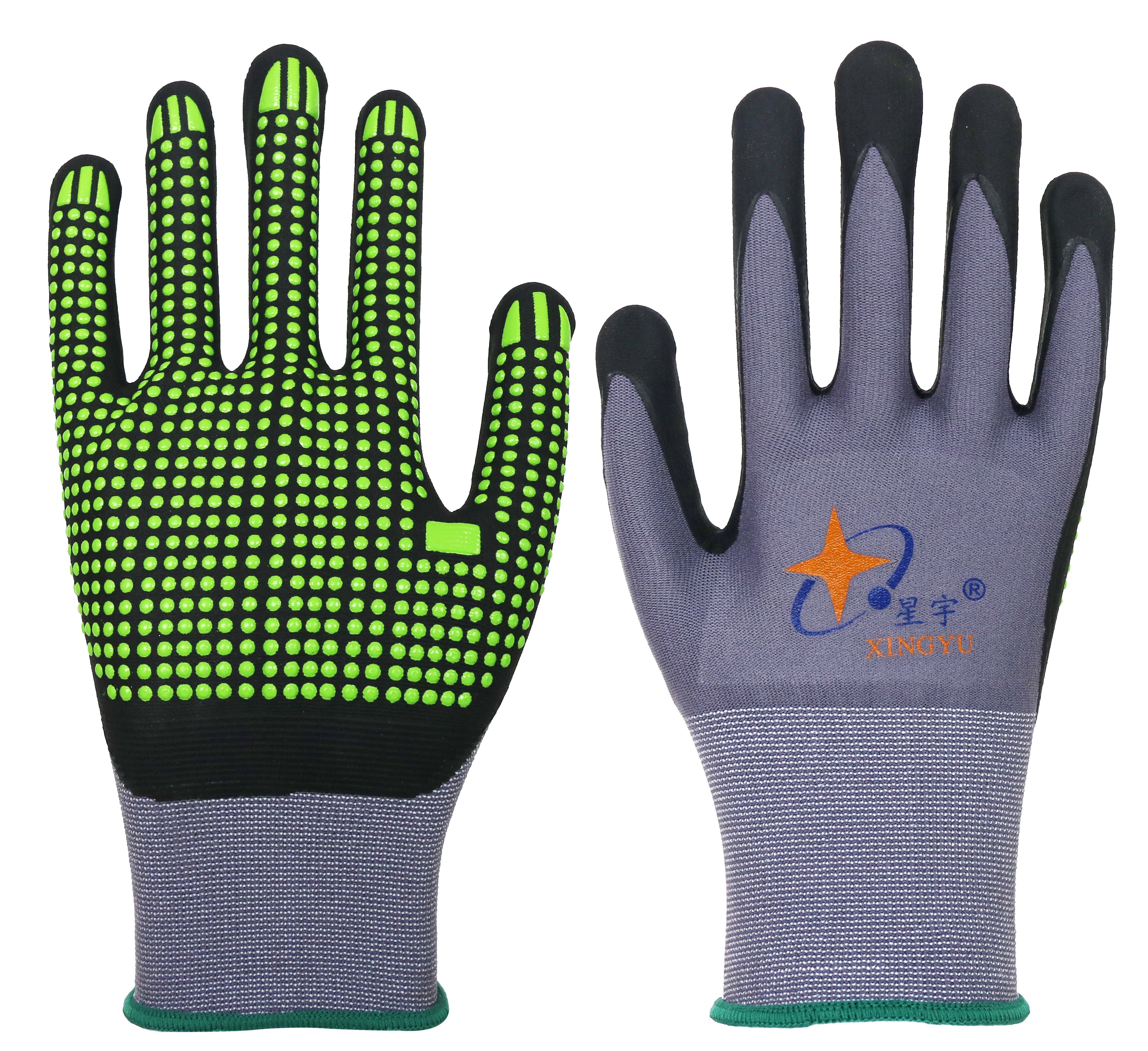 15G Gray Nylon & Spandex liner, black nitrile microfine foam coated,DOTS On Palm