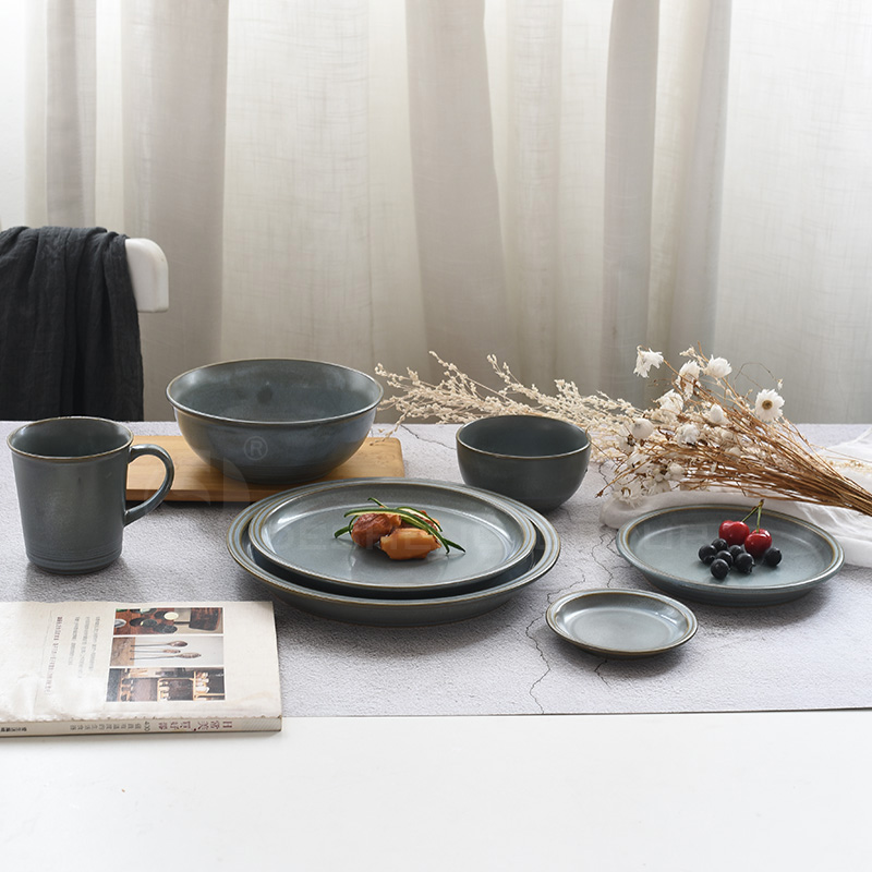Ceramic dinner ware sets retro grey dinner plate bowl stoneware mug