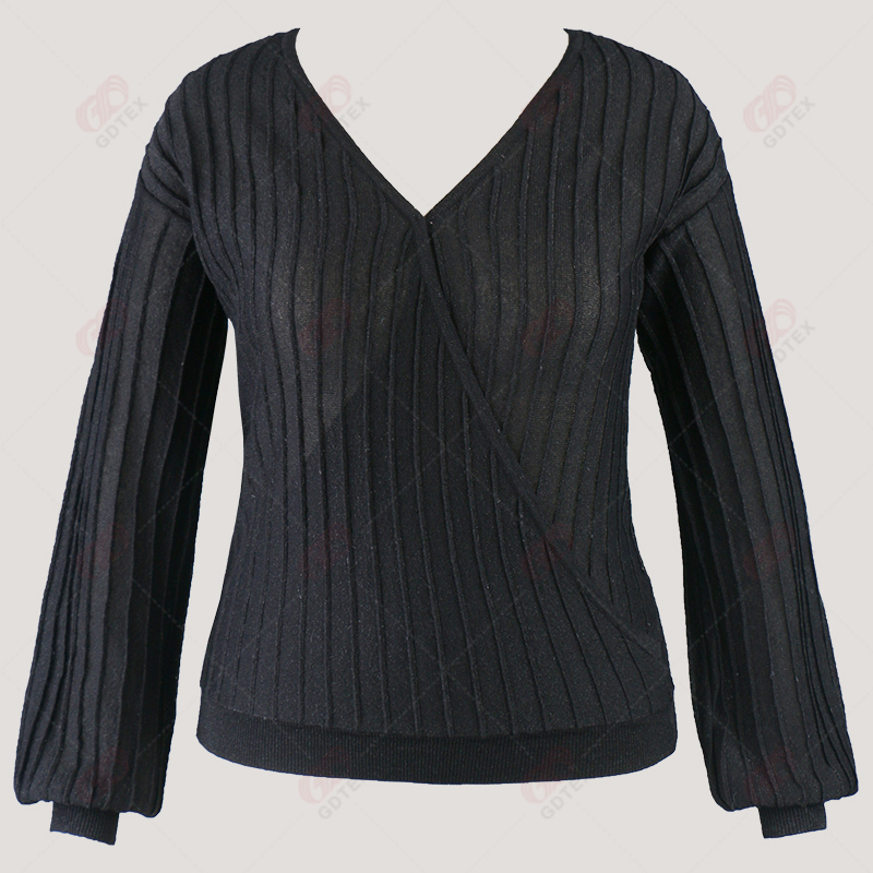 V Neck Crossover 3d Stripes Metallic Thread Sweater.