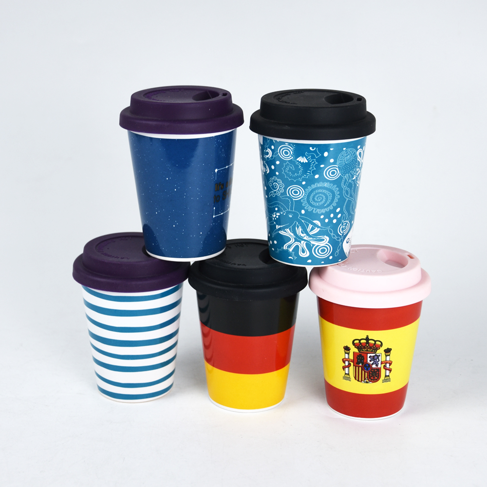6OZ Stoneware Single Wall V-shape Mug with Decal Printing and Silicone Lid