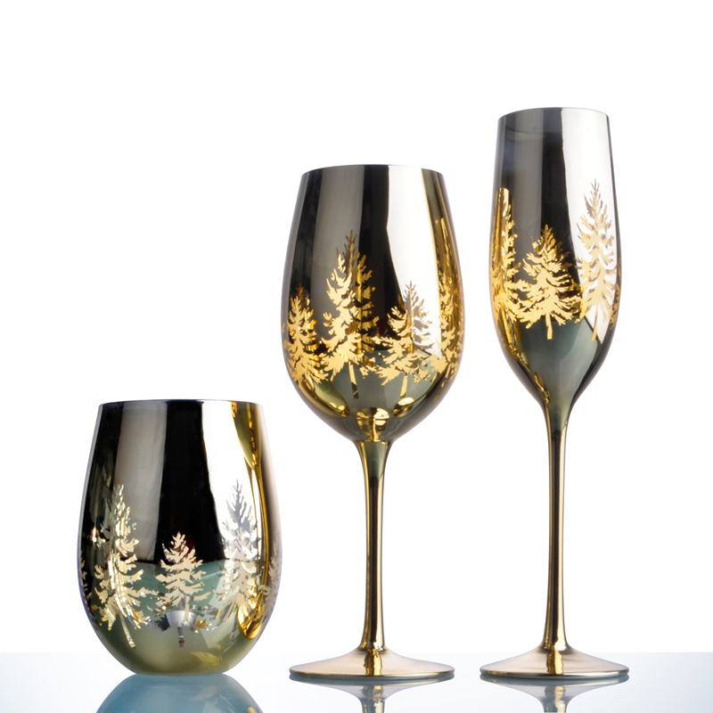 Golden Christmas tree wine glass set of three, glass champagne mug glass set