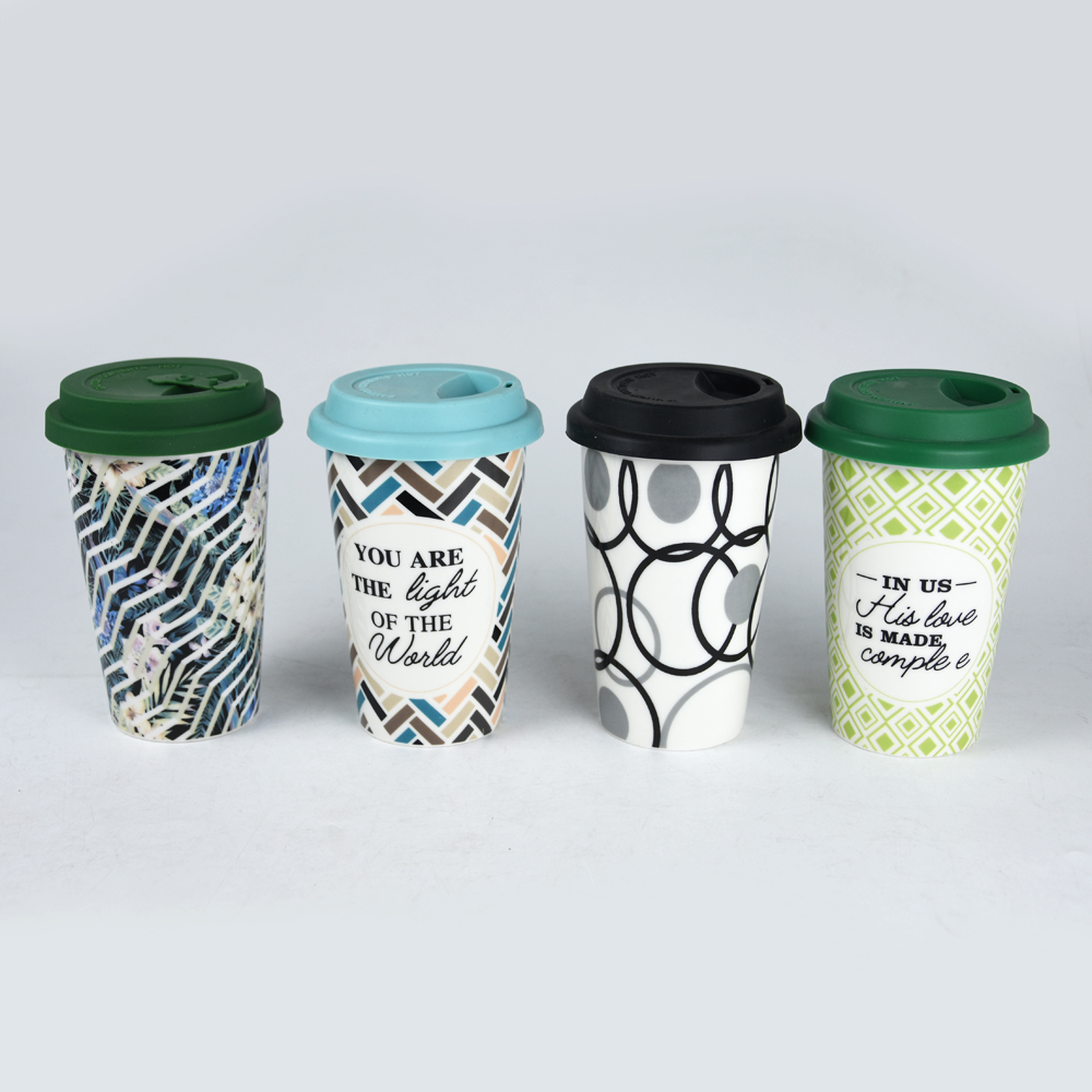 11OZ Porcelain Double Wall Mug with Printing and Silicone Lid