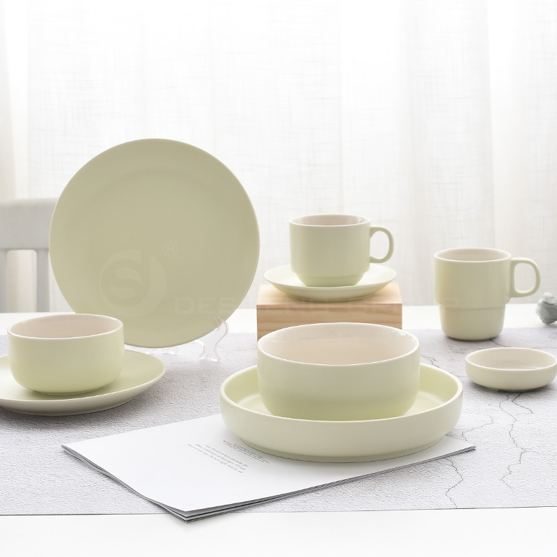 ceramic matt cream and white stackable coffee cup with handle 10"dinner plate