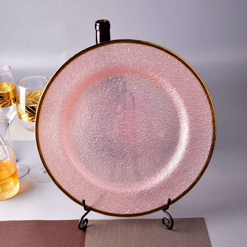 Pink glass charger plate cake stand with golden rim