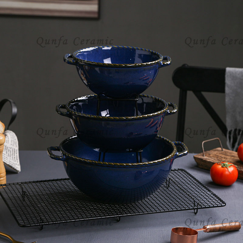 Ceramic 3pcs Bowl with Handle Set Reactive Glaze