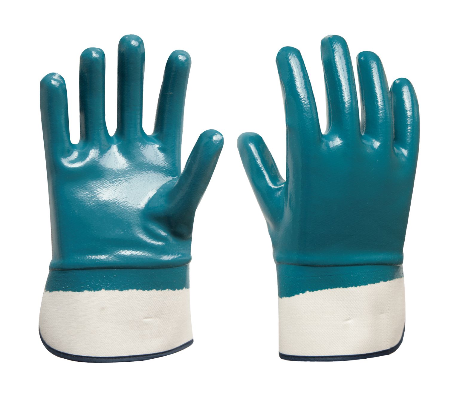 Blue nitrile coating on cotton jersey liner with safety cuff