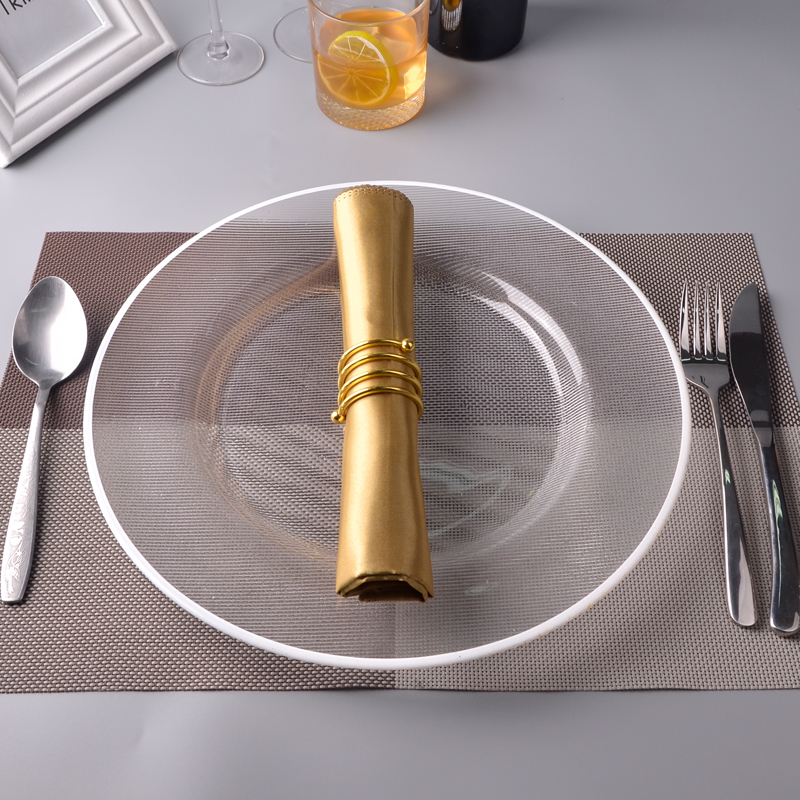 Vertical lines glass charger plate, glass cake plate with white rim