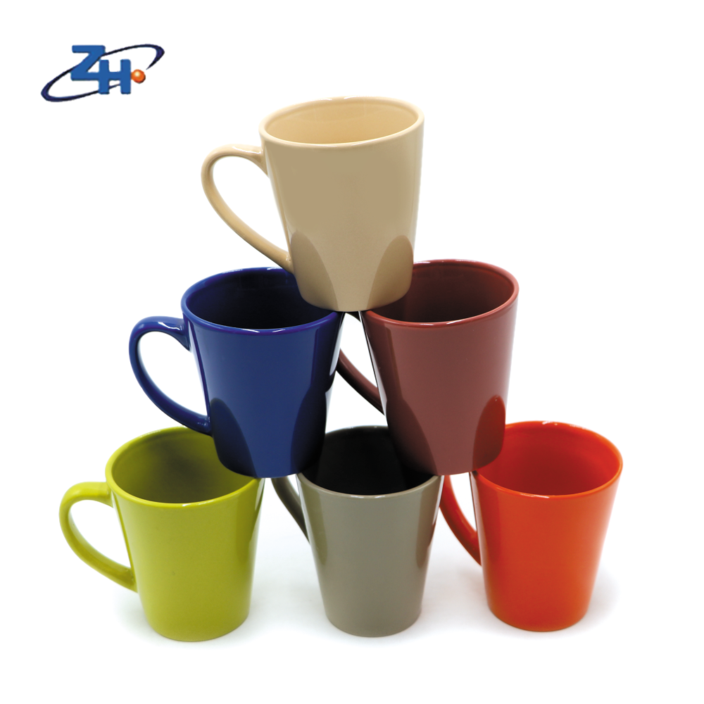 12oz ceramic customized glazed mug promotional colorful v-shape mug