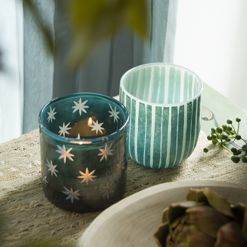 Handmade color art Glass tealight Candleholder G1010-2-W11ZGSK Ink blue carving