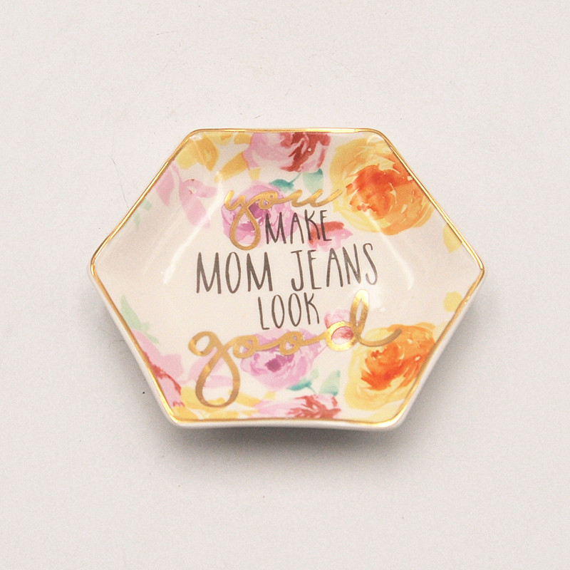 Custom printed gold brim ceramic hexagon jewelry plate