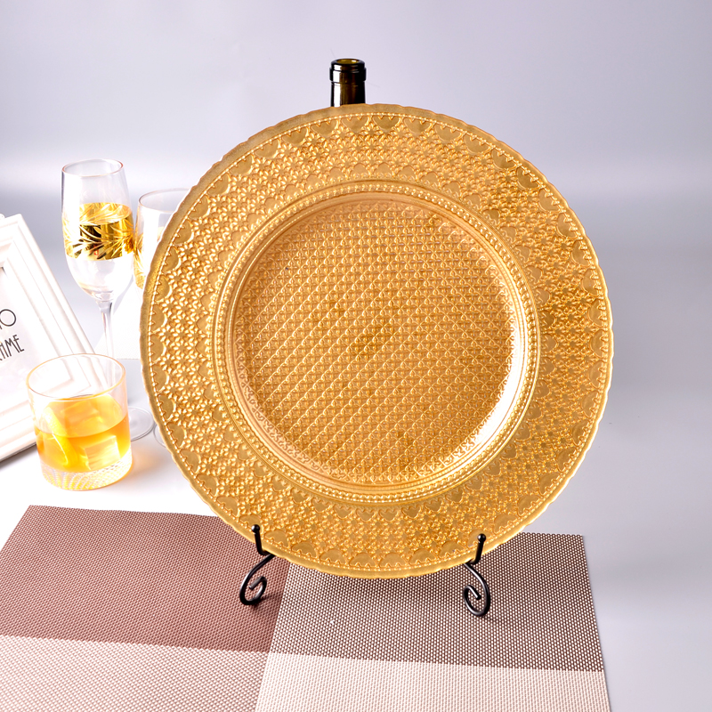 Spray gold charger plate, glass dinner plate, glass fruit plate, glass cake plate, cushion charger plate