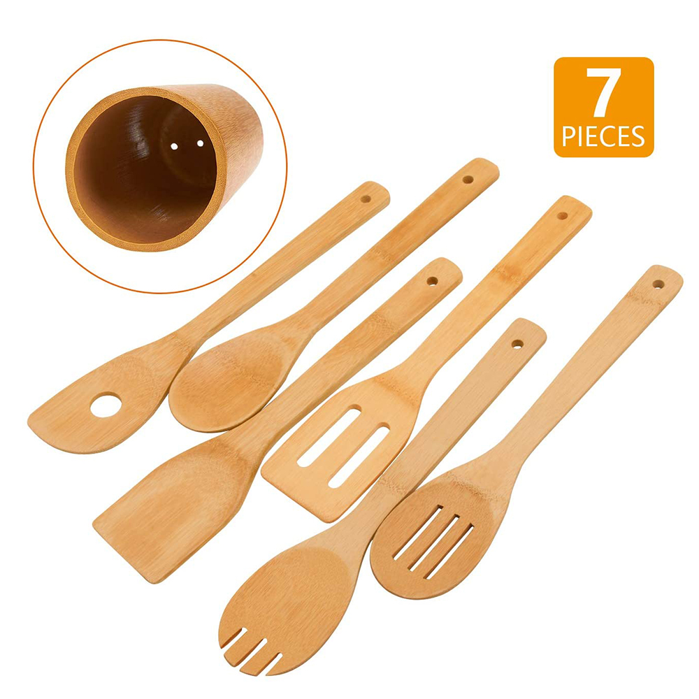 Bamboo Wooden Spoons and Spatulas Set 6 Pieces Kitchen Cooking Utensils and 1 Holder Heat Resistant for Non Stick Cookware