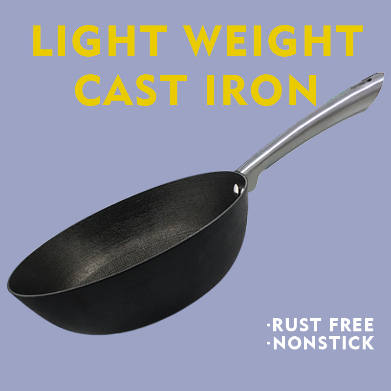 Cast Iron Wok Pan Light Weight Wood handle Honeycomb 24cm 28cm 30cm 32cm