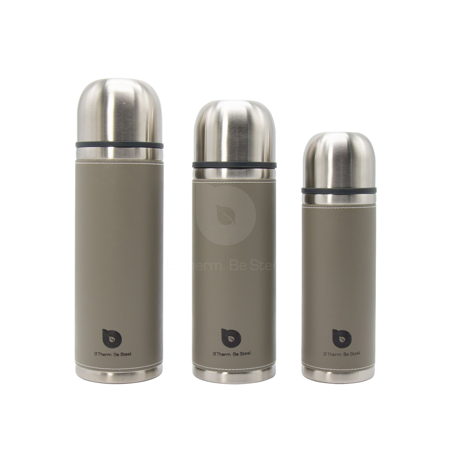 Thermos with Leather Sleeve Stainless Steel Vacuum Flask Bullet Shape 500-1000 ml Olive