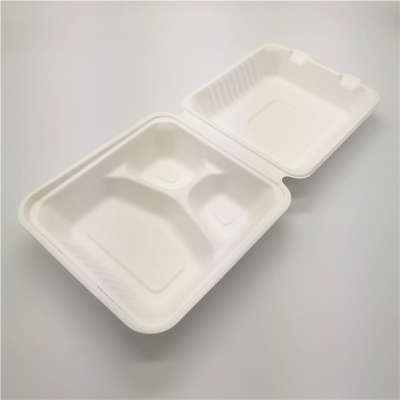 100% Biodegradable Food Container Sugarcane 8" 3 Compartment Clamshell/9" 3 Compartment Clamshell