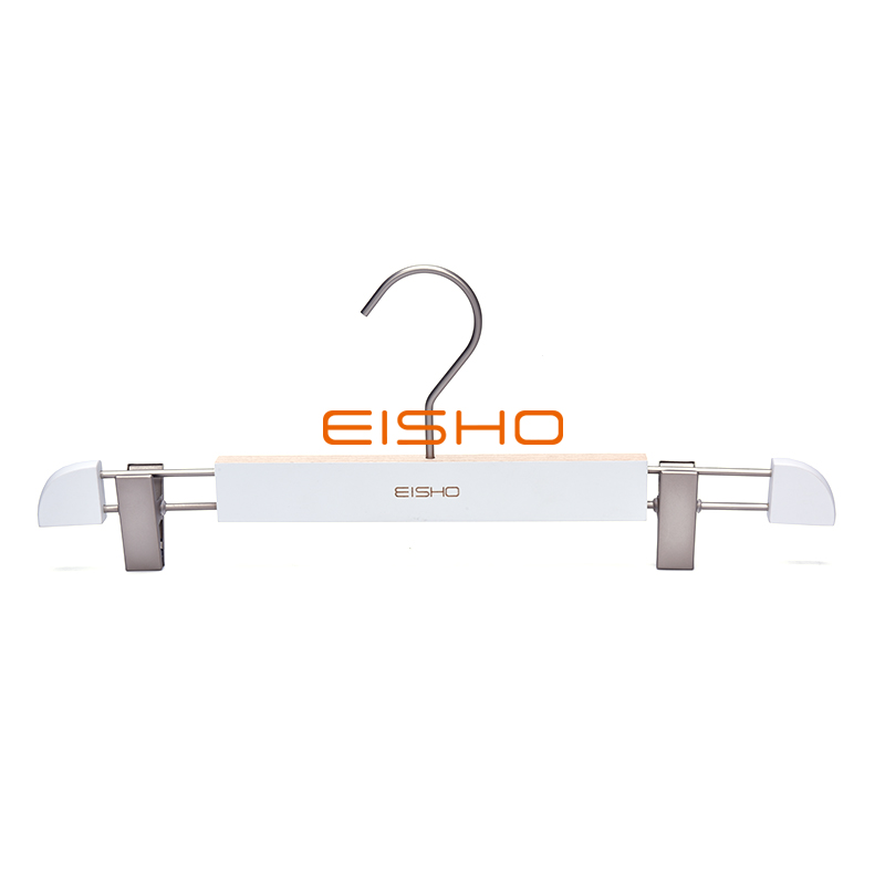 Eisho Display | Hot Sale Custom White Wooden Pant Hanger with Pearl Nickel Hook and Clips