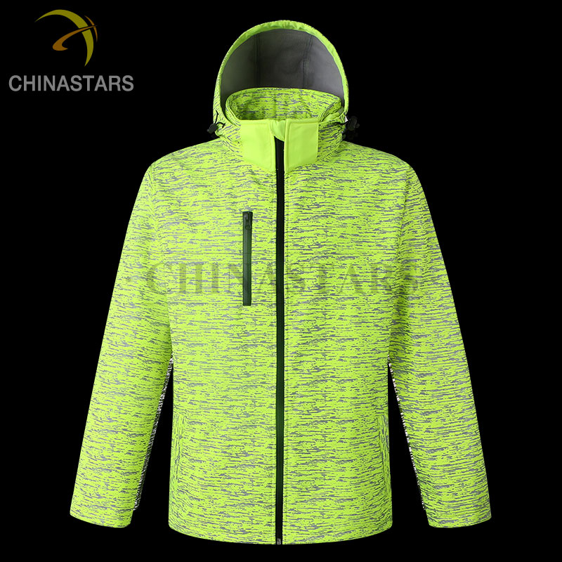 Softshell fabric custom reflective pattern printing fluorescent lime safety sports running jacket clothing
