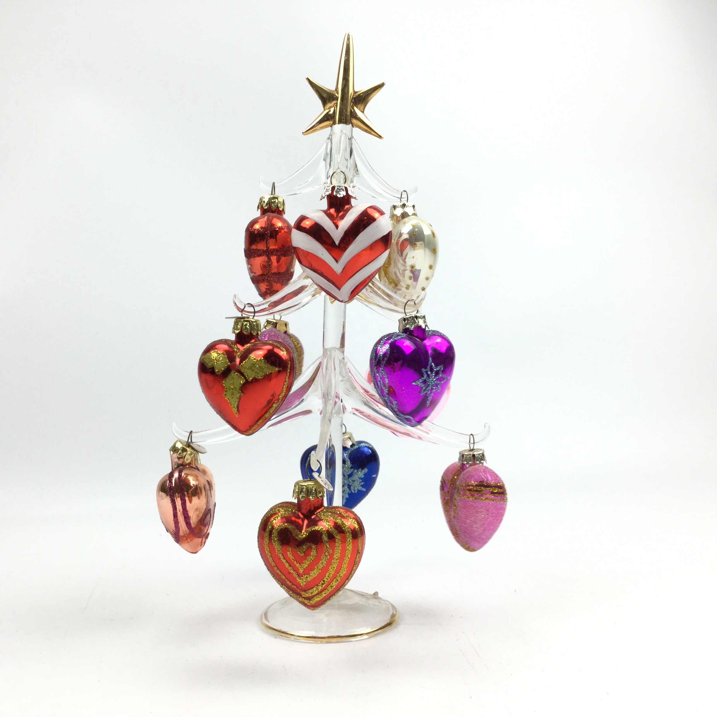 LED Glass Christmas Tree with Heart Ornaments | Gift Decor