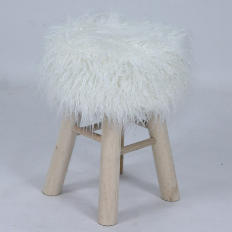 Long fur fabric cover wooden footstool