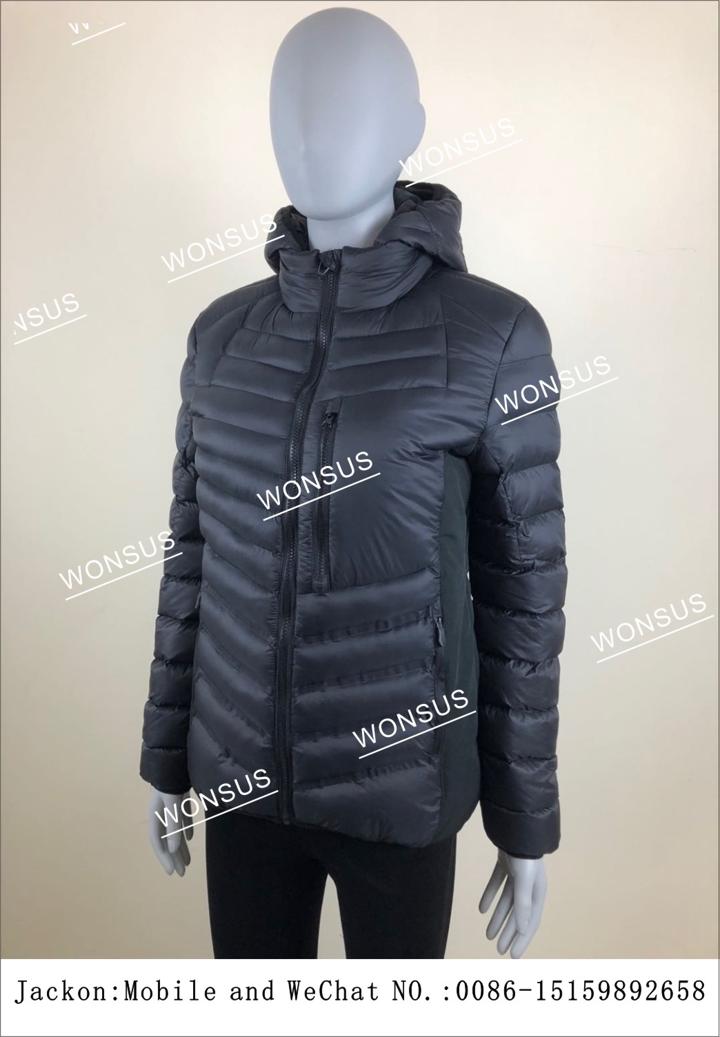 Ladies padded fake down casual hooded jacket