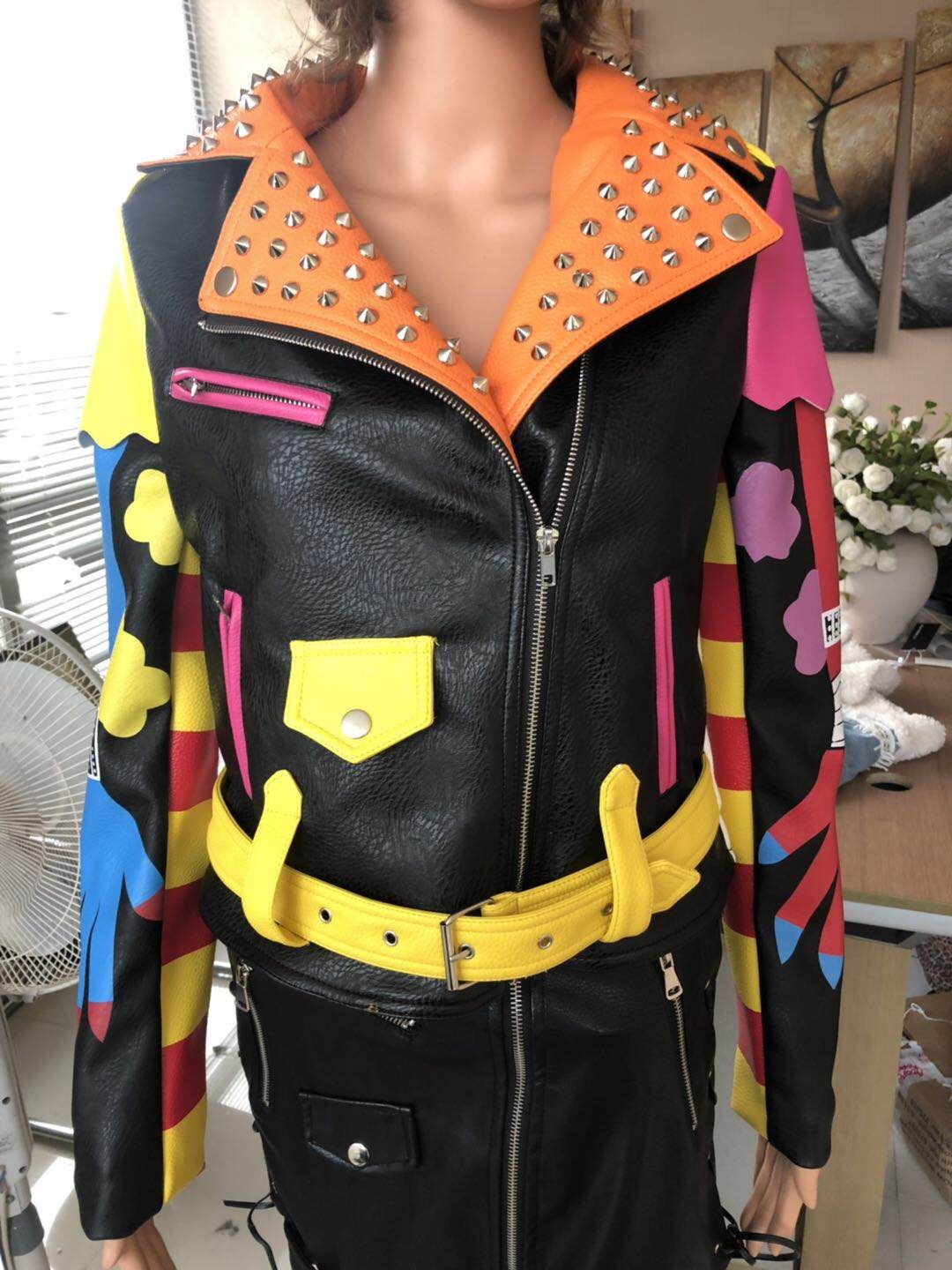 Ladies Print Embroider With Studs Pu Jacket