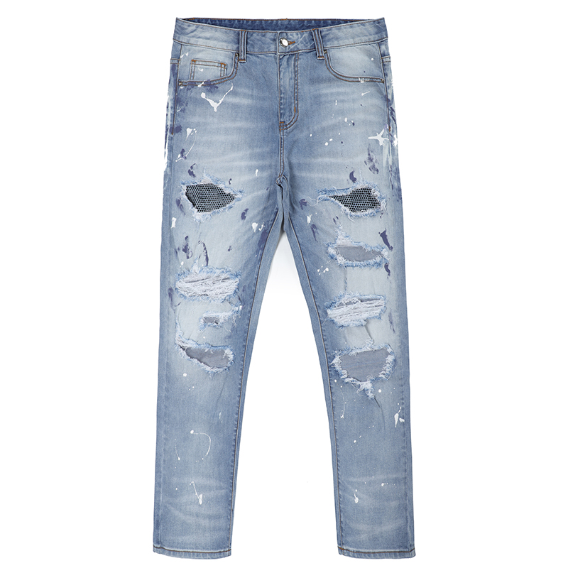 Fashion street denim jeans knee hole rripped men's jeans trousers patch jeans pants G2081
