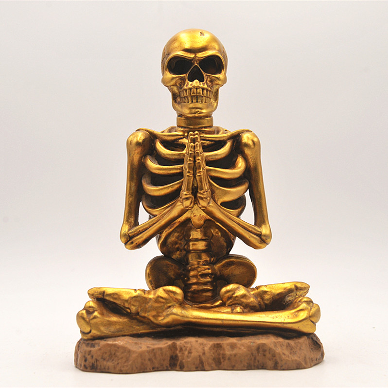 Cheap price gold resin meditation skeleton decoration with IC light