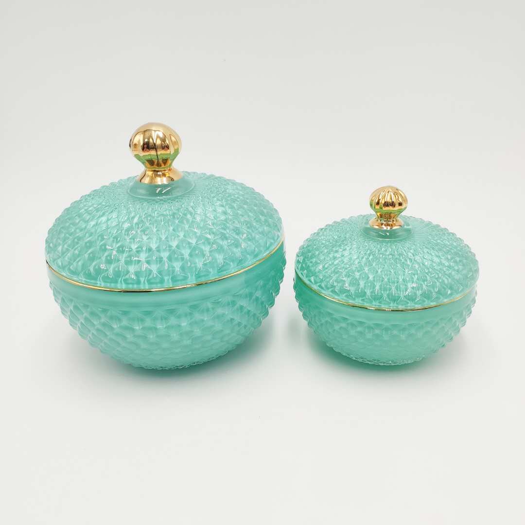 Acquamarine series high quality luxury geo cut glass candle jar with gold rim and knob