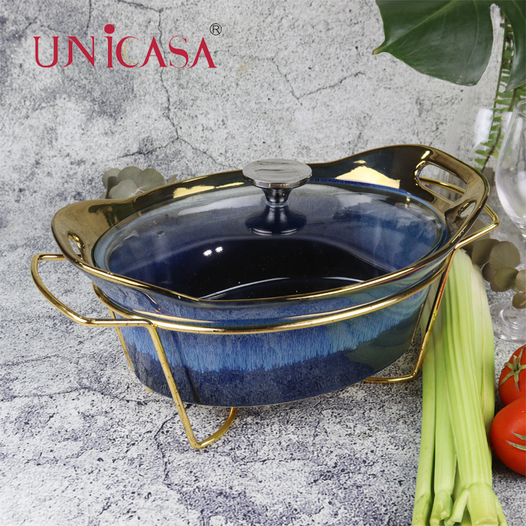 Ceramic Bakeware covered Oval Casserole with metal rack oval baker