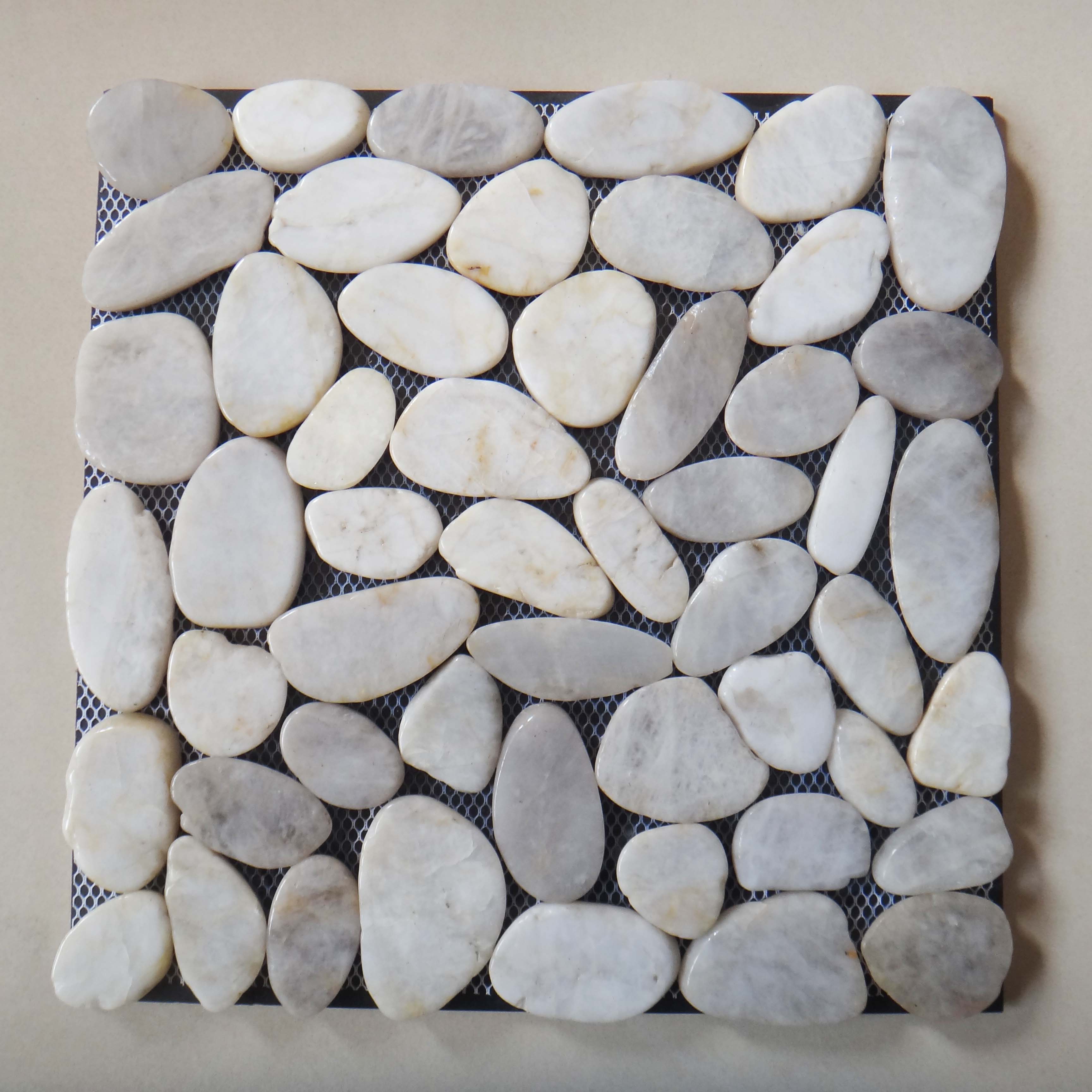 White Sliced Pebble Stone Tile On Mesh
