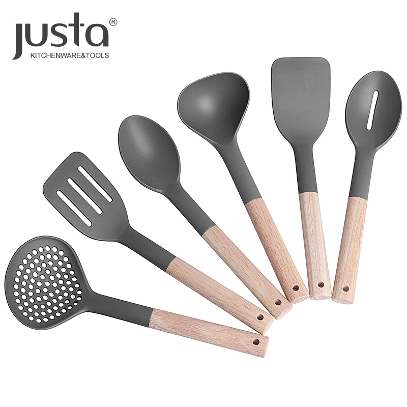 6 Piece Top Sell Nylon Cooking Utensil Set with Natural Oak Wood Handle