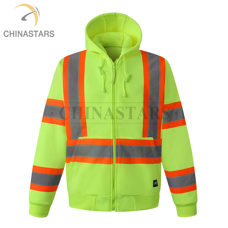 Safety workwear yellow and orange class 3 reflective hooded sweatshirt hi vis clothing with silver reflective tape