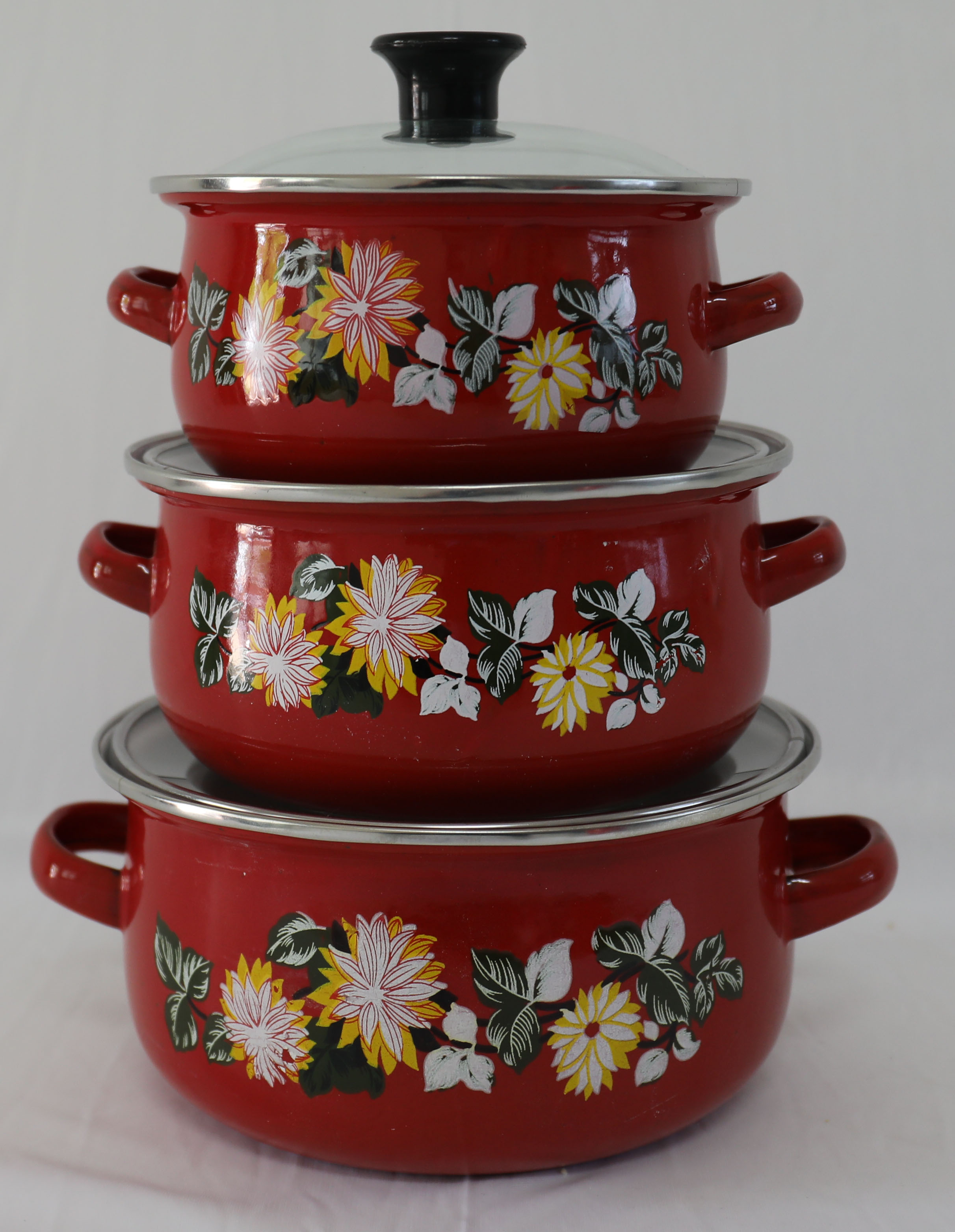 Enamel Casserole Inside White Outside Dark Color With Decal, Glass Cover