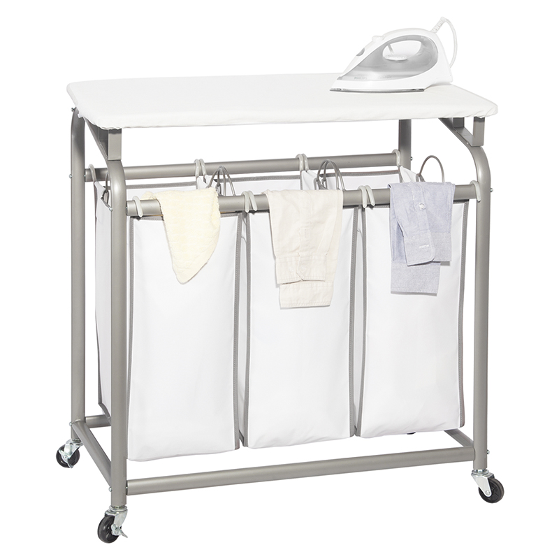 Deluxe triple laundry sorter with ironing board