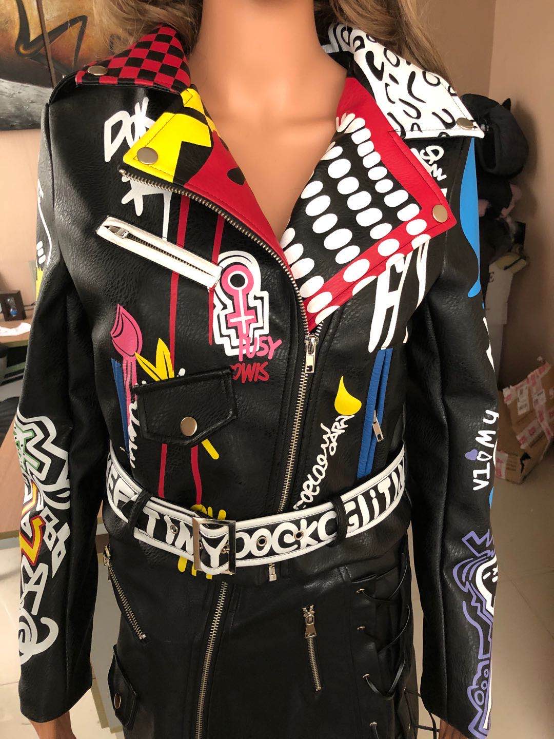 Ladies Print Embroider With Studs Pu Jacket