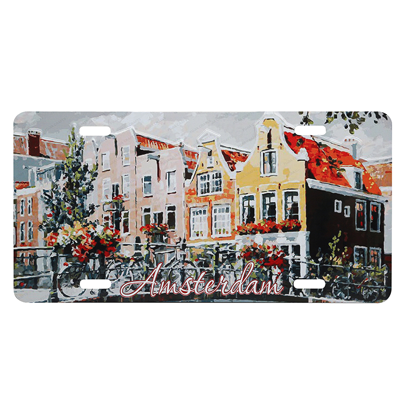 Amsterdam factory price OEM design CMYK printing souvenir 3d embossed funny decorative car license plates