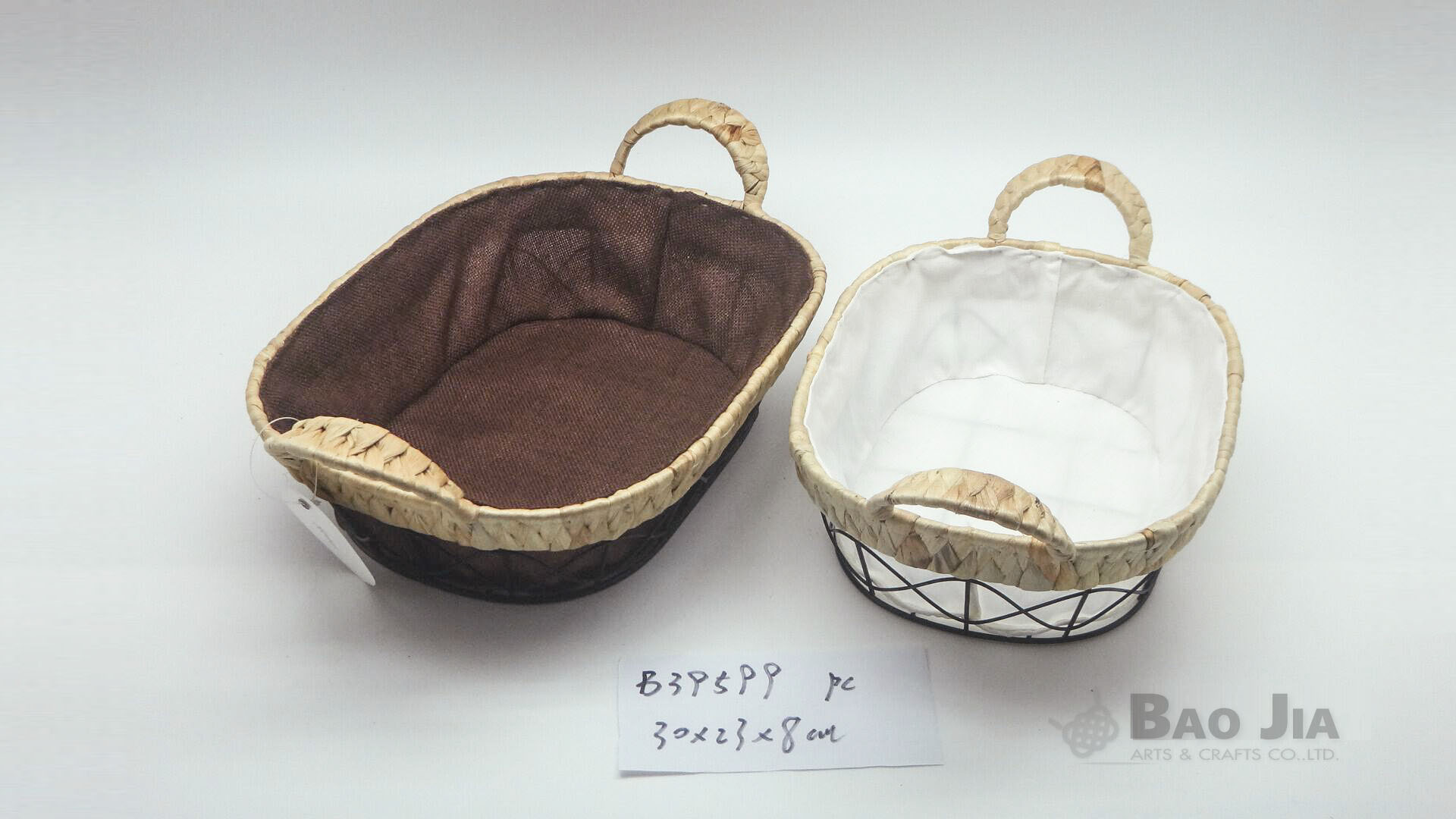 oval water hyacinth and wire basket with fabric lining