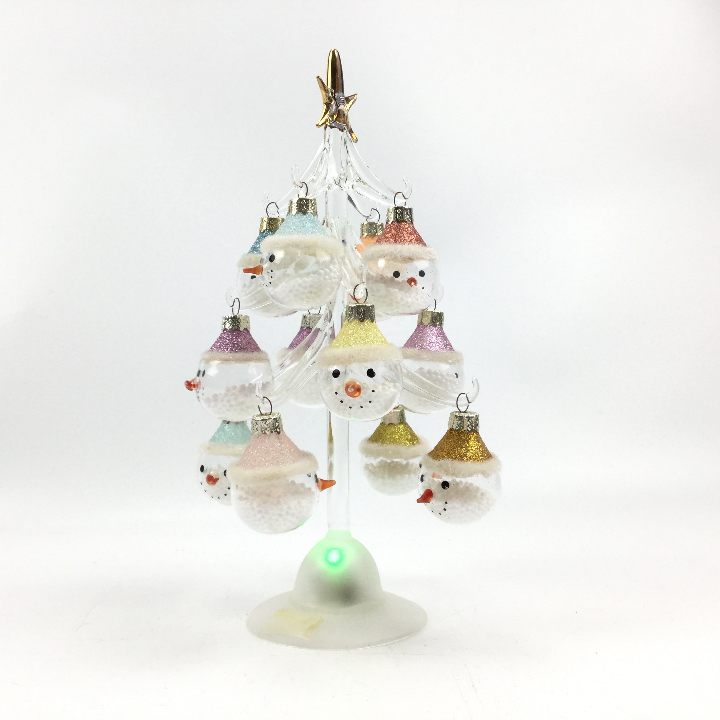 LED Glass Christmas Tree with Snowman & Santa Ornaments