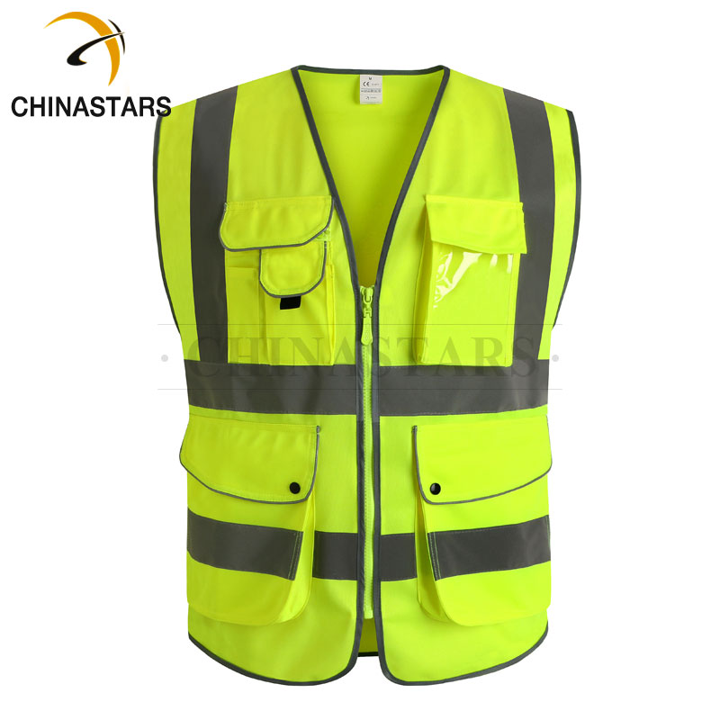 Polyester knitted fabric Safety reflective yellow vest workwear with multifunctional pockets