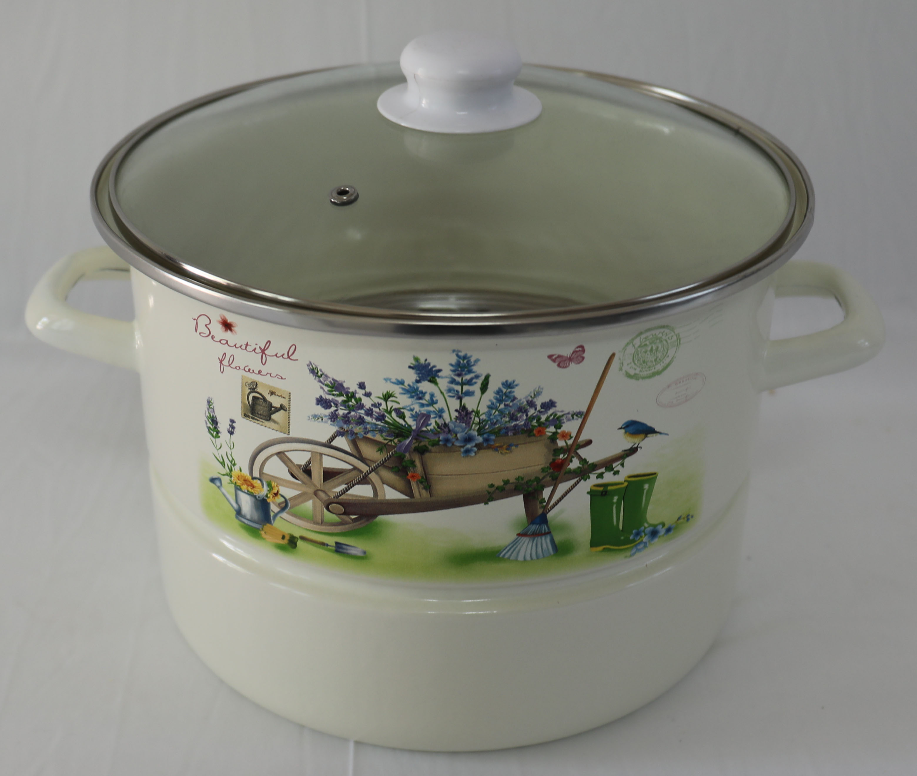 Enamel Steamer, White With Deco.