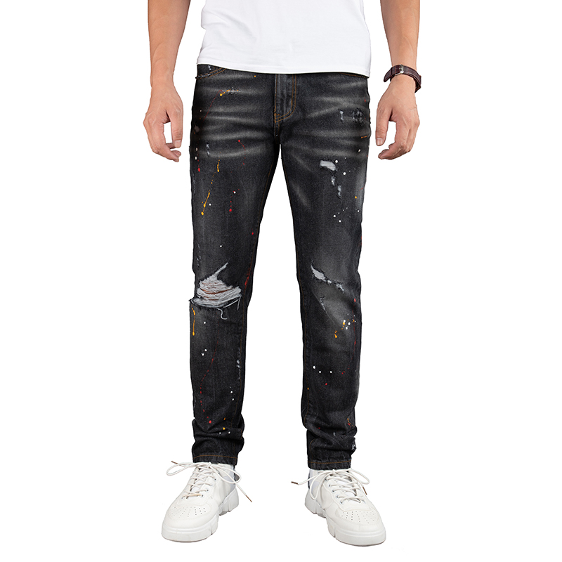 Factory wholesale men jeans trousers denim jeans pants ripped wash painting jeans G2003