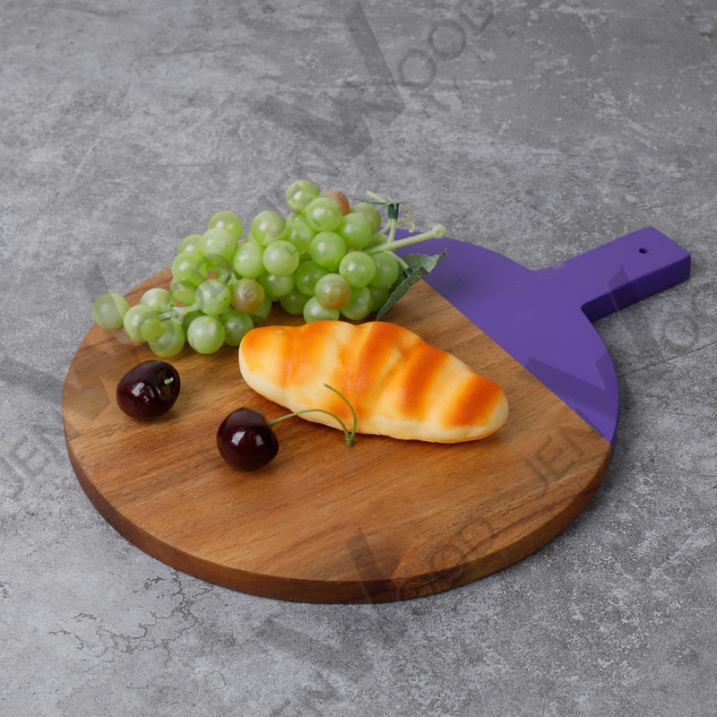 Round acacia wood pizza bread cutting board with painting handle