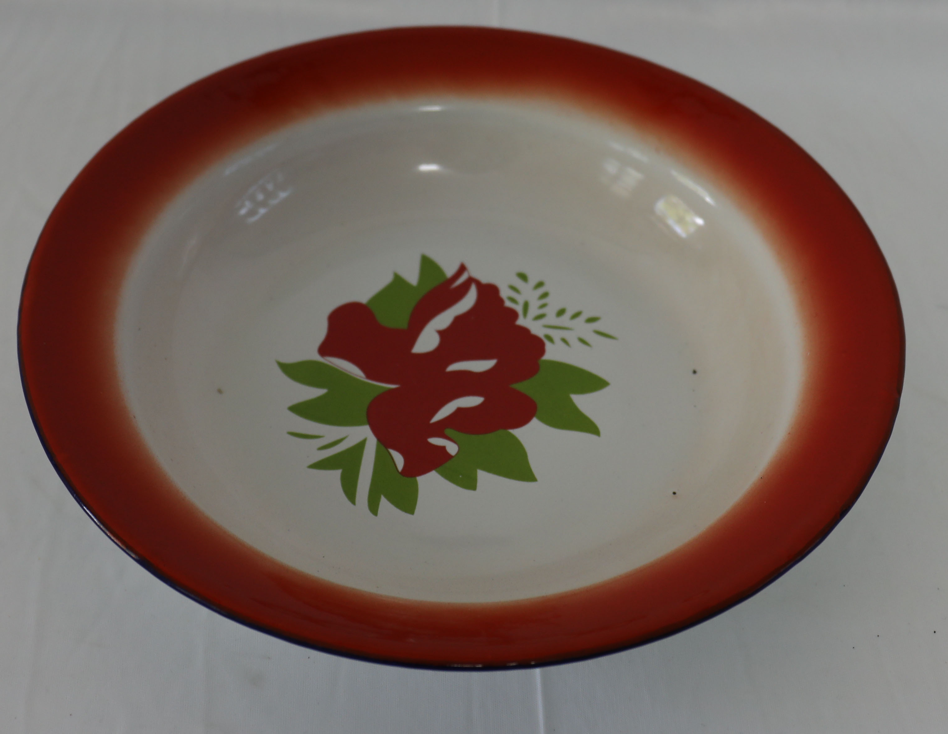 Enamel Soup Plate, White With Deco.