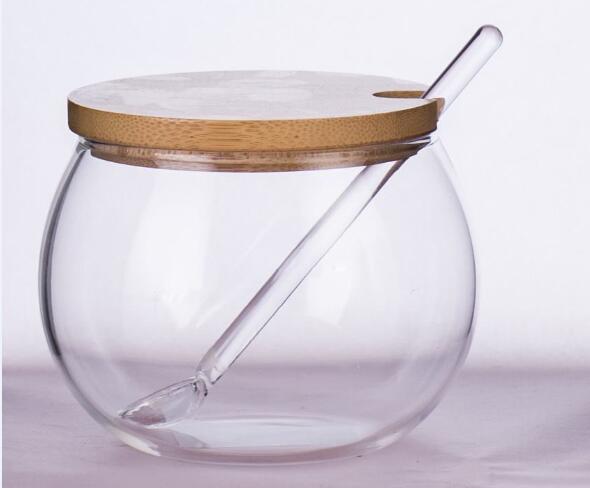 Hot selling high borosilicate glass sugar pot for kitche using with bamboo lid and spoon REACH standard