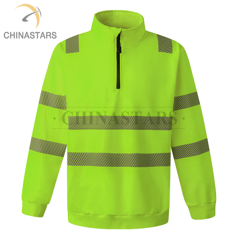 Safety workwear class 3 hi-vis reflective 1/4 zip pullover long sleeve sweatshirt clothing with silver reflective tape