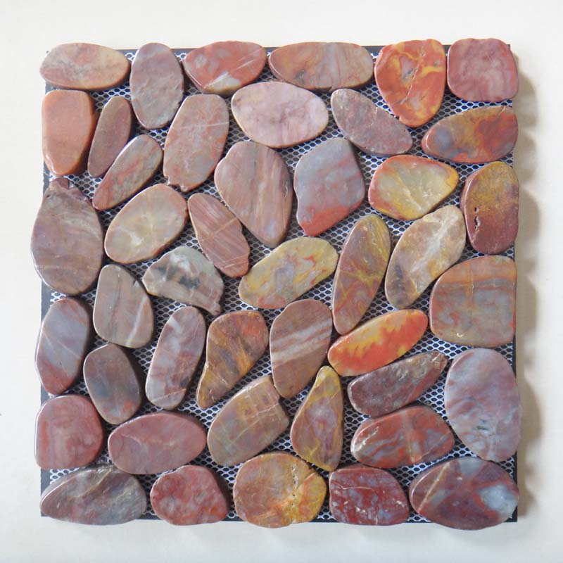 Red Flat Cut Pebble Stone Mat Tile For Floor