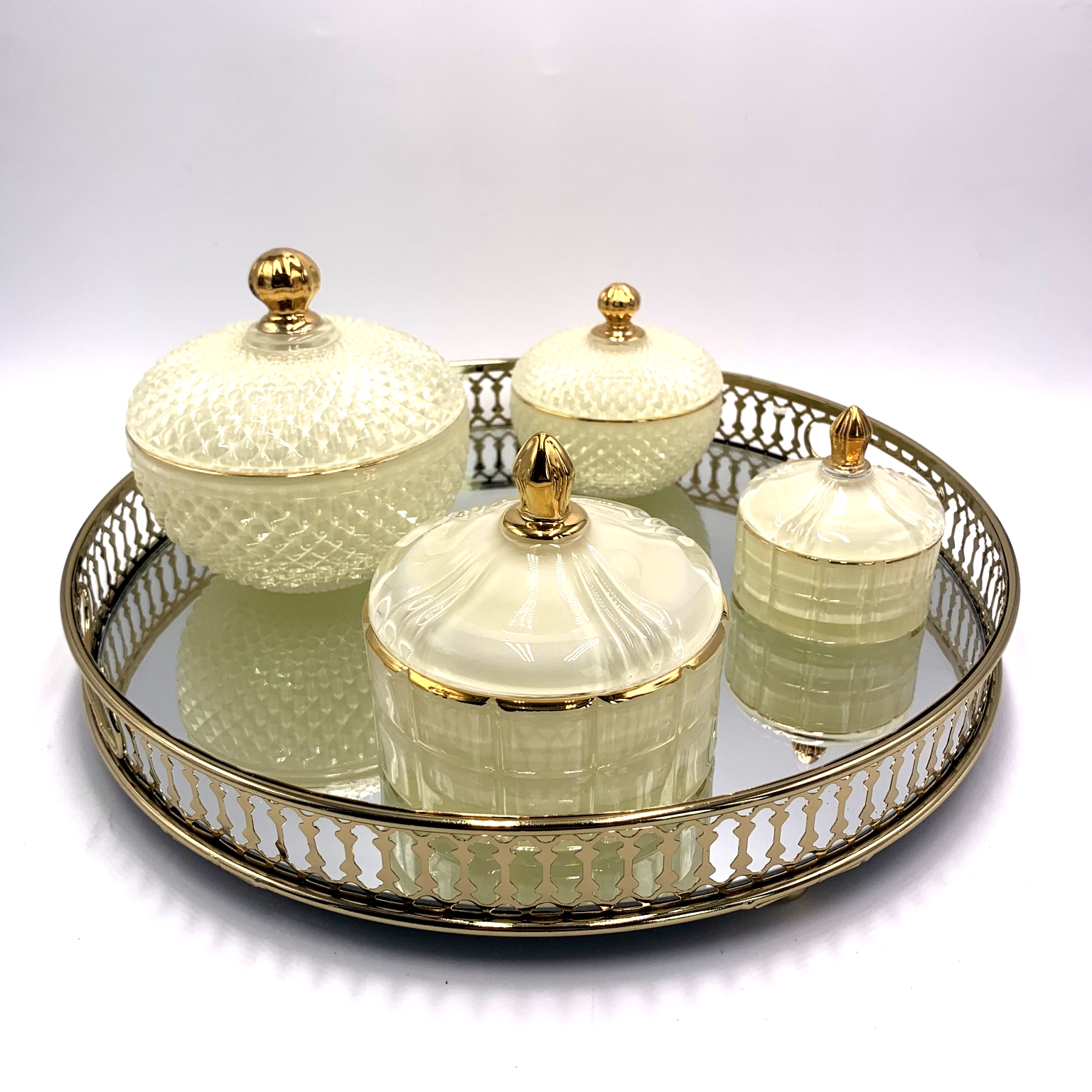 Luxury candy jar milky white wax cup glass set with tray