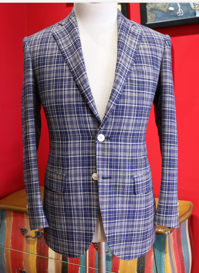 men's blue check suit