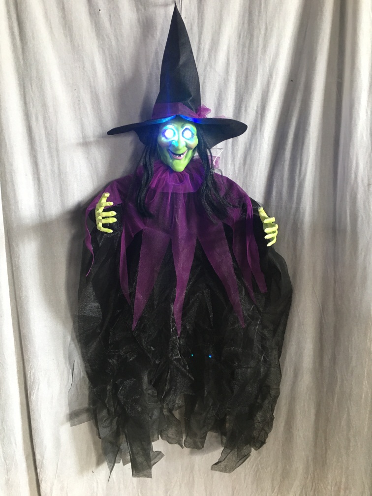 Halloween decoration ,halloween props, scary witch, 35“ Purple Hanging Lightup Witch，Hanging Witch with sound, talking witch with 3 phrase voice
